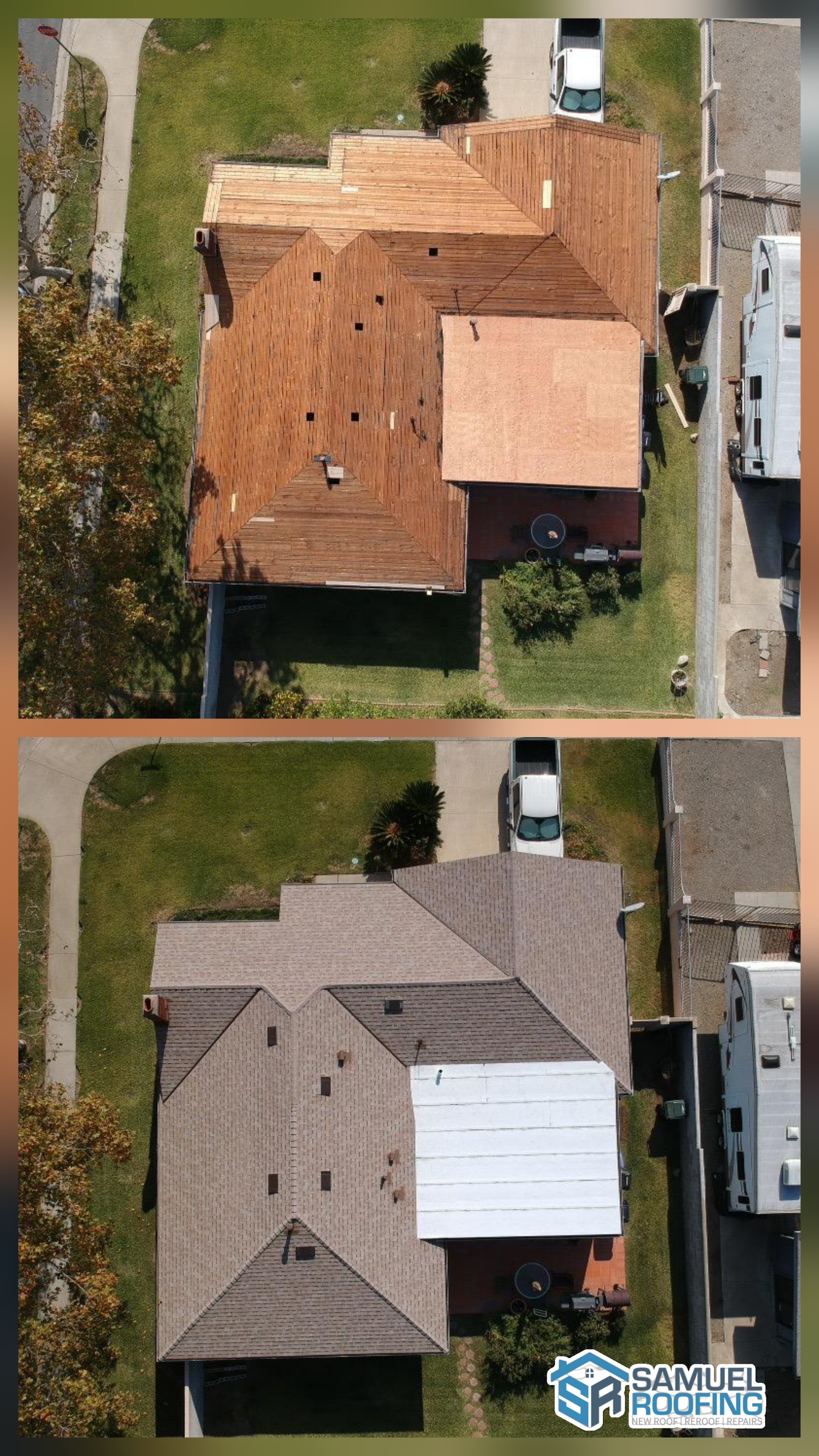 Drone before-and-after of a Los Angeles roof replacement by Samuel Roofing