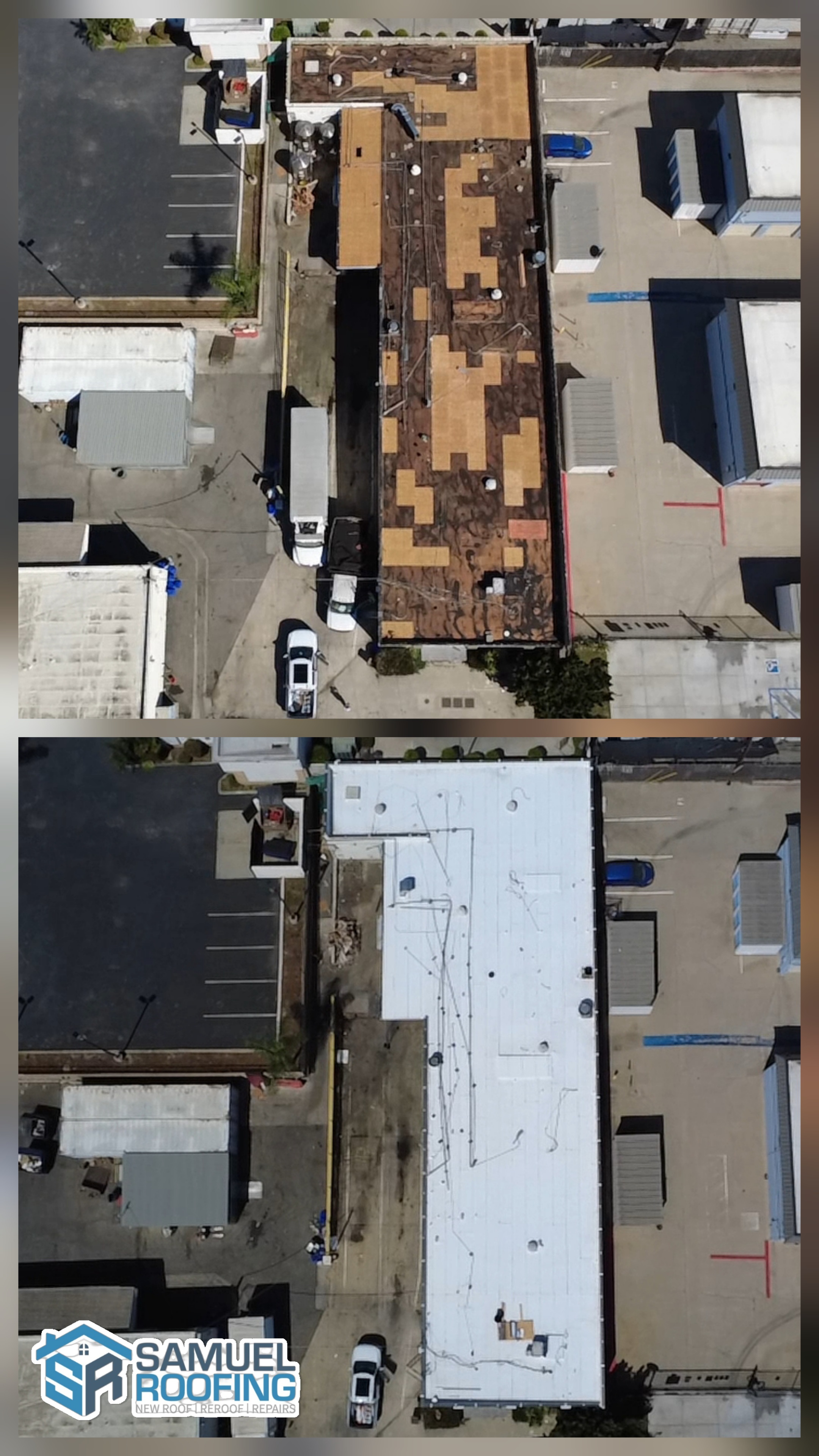Drone before-and-after of a Los Angeles roof replacement by Samuel Roofing