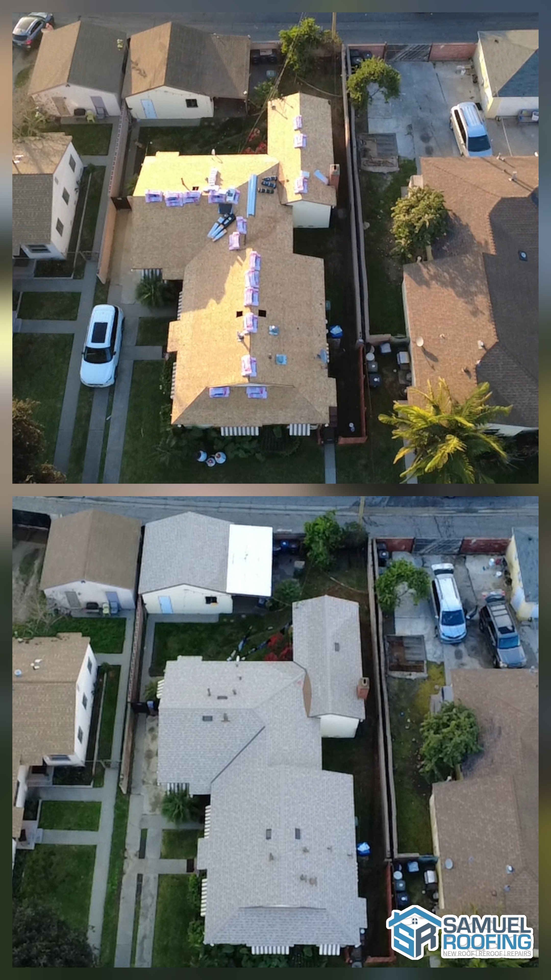 Drone before-and-after of a Los Angeles roof replacement by Samuel Roofing