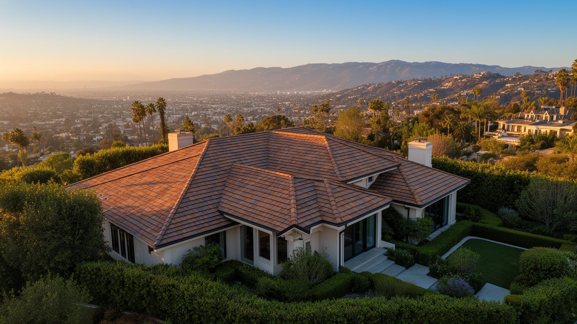 Aerial view of a Los Angeles home with a new roof at golden hour